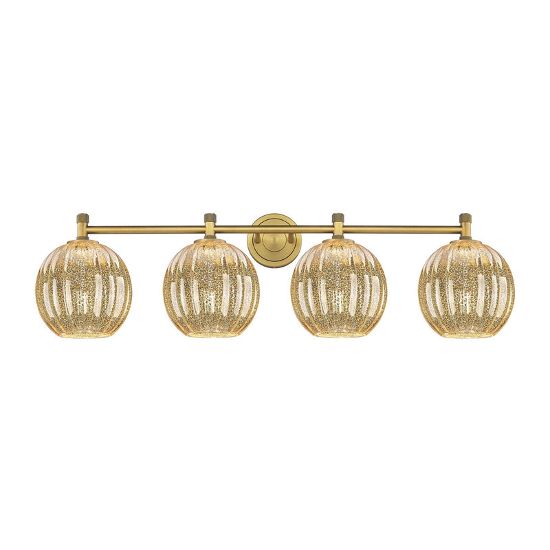 Innovations Preston Globe 38in 4-Light Bath Vanity Light | Industrial Brushed Brass and Mercury Glass | Bathroom Vanity | Model 434-4W-BB-G458-7ME