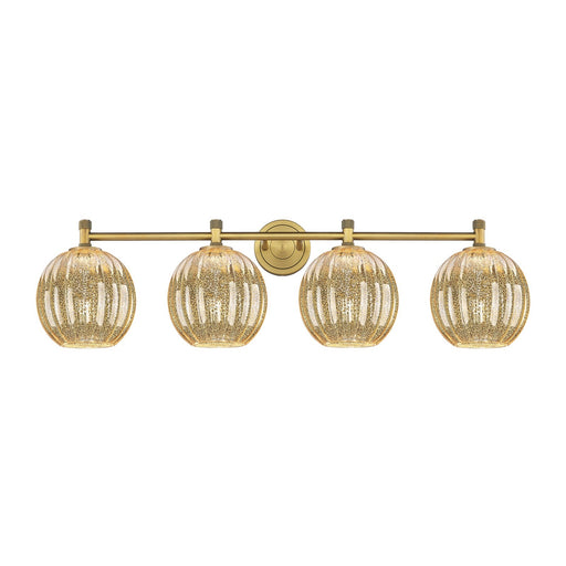 Innovations Preston Globe 38in 4-Light Bath Vanity Light | Industrial Brushed Brass and Mercury Glass | Bathroom Vanity | Model 434-4W-BB-G458-7ME