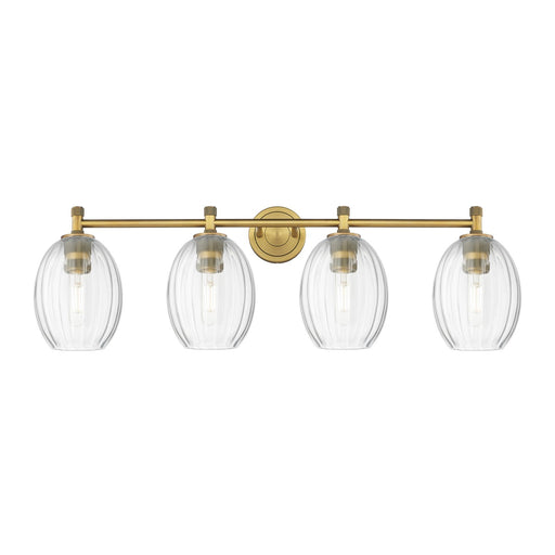 Innovations Preston Bulb 37in 4-Light Bath Vanity Light | Industrial Brushed Brass and Clear Glass | Bathroom Vanity | Model 434-4W-BB-G459-6CL