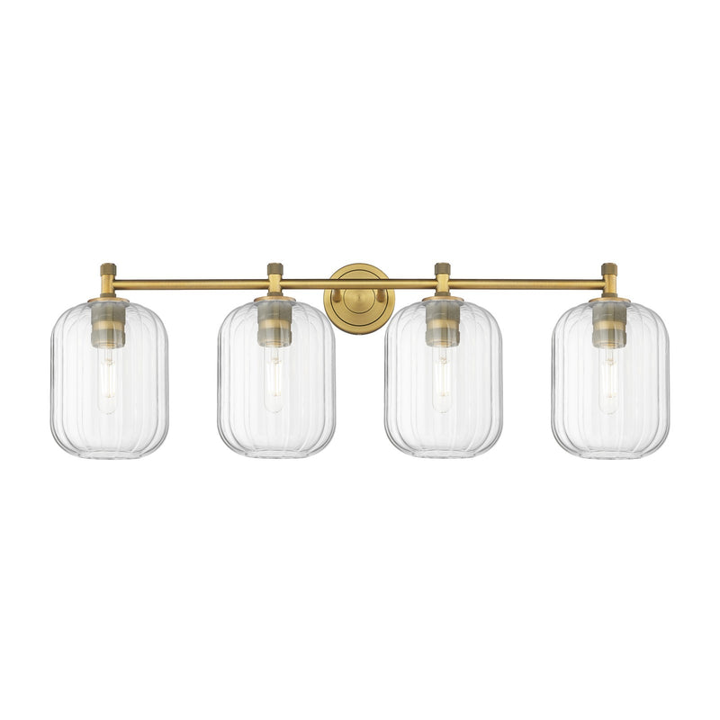 Innovations Preston Cylinder 37in 4-Light Bath Vanity Light | Industrial Brushed Brass and Clear Glass | Bathroom Vanity | Model 434-4W-BB-G460-7CL