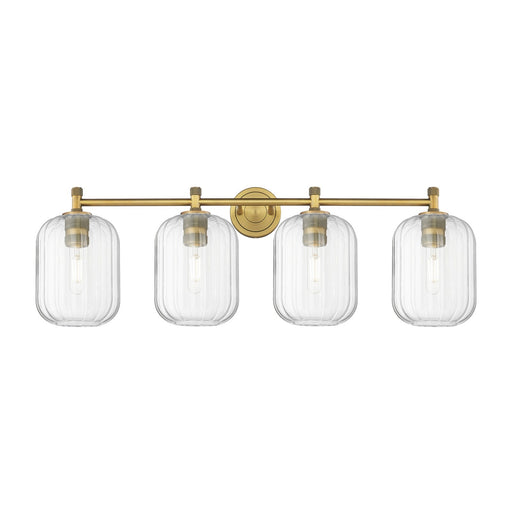 Innovations Preston Cylinder 37in 4-Light Bath Vanity Light | Industrial Brushed Brass and Clear Glass | Bathroom Vanity | Model 434-4W-BB-G460-7CL