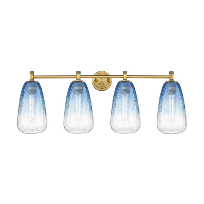 Innovations Brookhaven Almond 37in 4-Light Bath Vanity | Industrial Brushed Brass and Sapphire Blue Glass | Bathroom | Model 434-4W-BB-G480-6SB