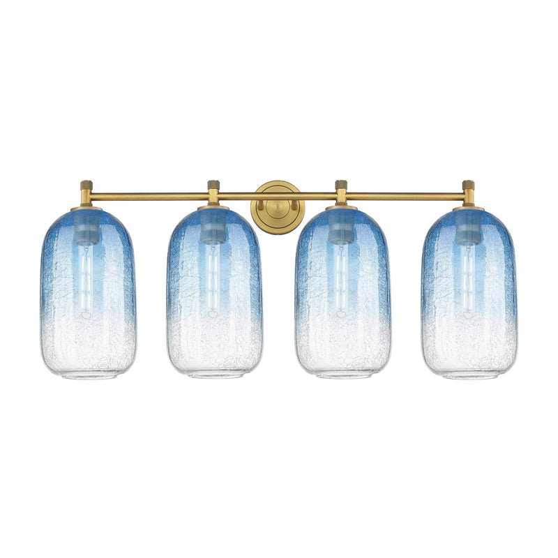 Innovations Brookhaven Cloche 38in 4-Light Bath Vanity Light | Industrial Brushed Brass and Sapphire Blue Glass | Bathroom | Model 434-4W-BB-G482-7SB