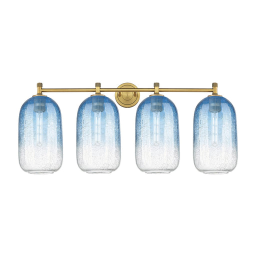 Innovations Brookhaven Cloche 38in 4-Light Bath Vanity Light | Industrial Brushed Brass and Sapphire Blue Glass | Bathroom | Model 434-4W-BB-G482-7SB