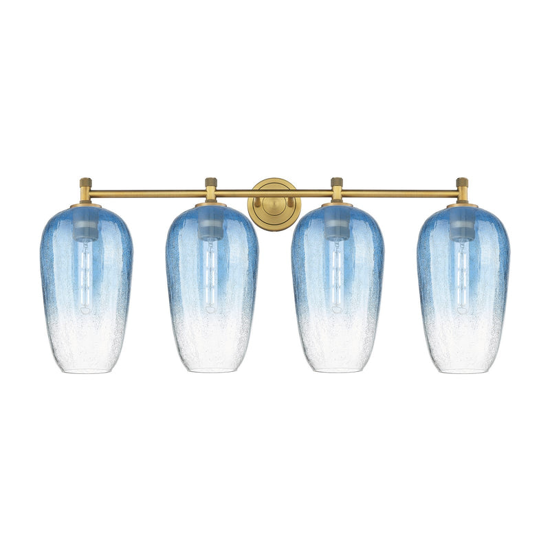Innovations Brookhaven Flute 38in 4-Light Bath Vanity | Industrial Brushed Brass and Sapphire Blue Glass | Bathroom | Model 434-4W-BB-G484-7SB