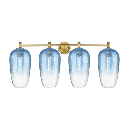 Innovations Brookhaven Flute 38in 4-Light Bath Vanity | Industrial Brushed Brass and Sapphire Blue Glass | Bathroom | Model 434-4W-BB-G484-7SB