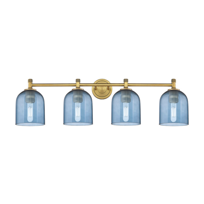 Innovations Bella 36in 4-Light Bath Vanity | Industrial Brushed Brass and Blue Glass | Bathroom & Powder Room | 36 x 10 in | Model 434-4W-BB-G558-6BL