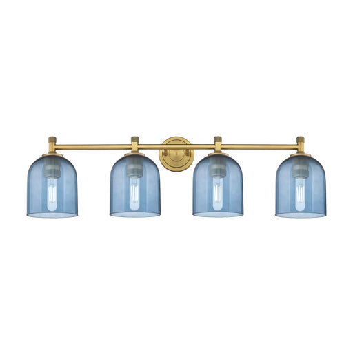 Innovations Bella 36in 4-Light Bath Vanity | Industrial Brushed Brass and Blue Glass | Bathroom & Powder Room | 36 x 10 in | Model 434-4W-BB-G558-6BL