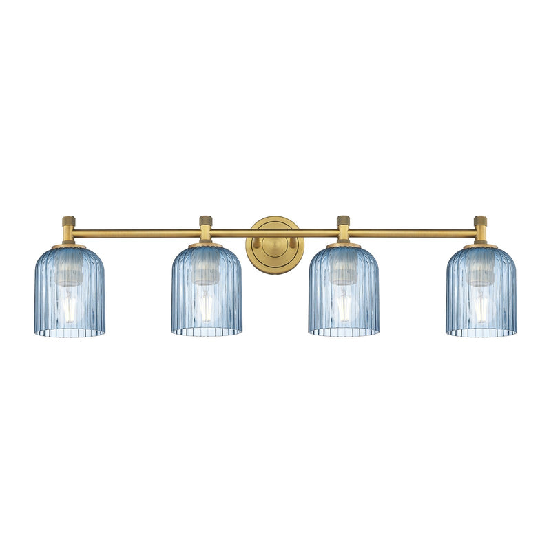 Innovations Crown Point 35in 4-Light Bath Vanity Light | Industrial Brushed Brass and Princess Blue Glass | Bathroom | Model 434-4W-BB-G559-5BL