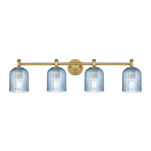 Innovations Crown Point 35in 4-Light Bath Vanity Light | Industrial Brushed Brass and Princess Blue Glass | Bathroom | Model 434-4W-BB-G559-5BL