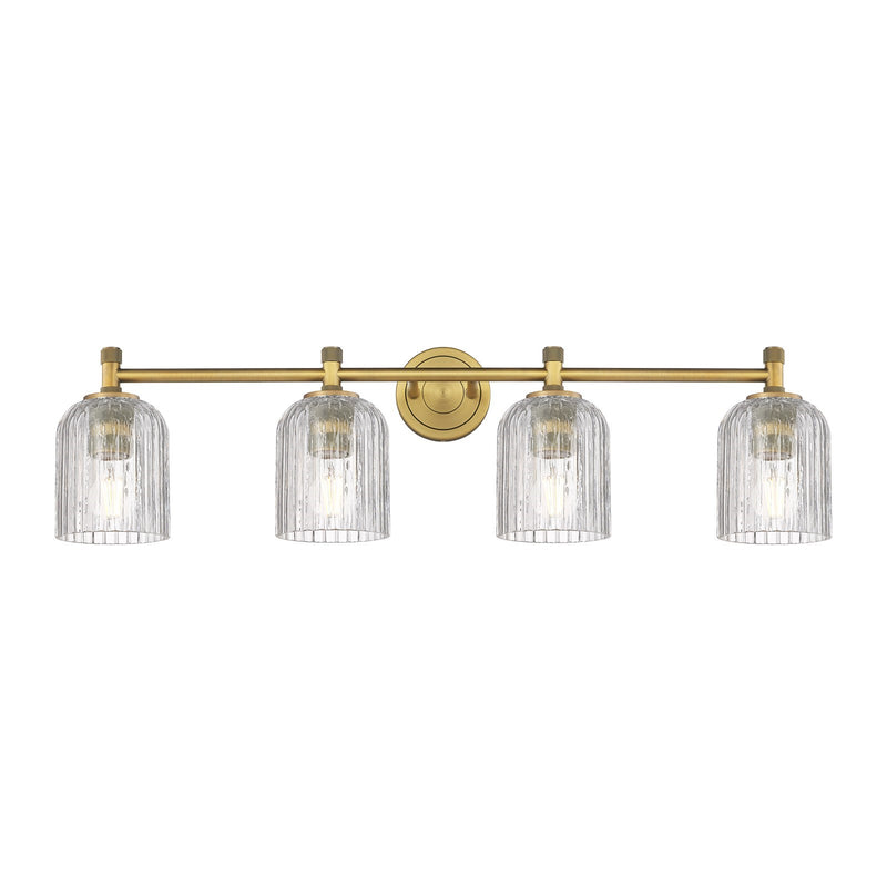Innovations Crown Point 35in 4-Light Bath Vanity Light | Industrial Brushed Brass and Clear Glass | Bathroom Vanity | Model 434-4W-BB-G559-5CL