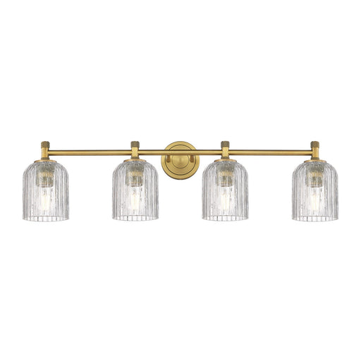 Innovations Crown Point 35in 4-Light Bath Vanity Light | Industrial Brushed Brass and Clear Glass | Bathroom Vanity | Model 434-4W-BB-G559-5CL