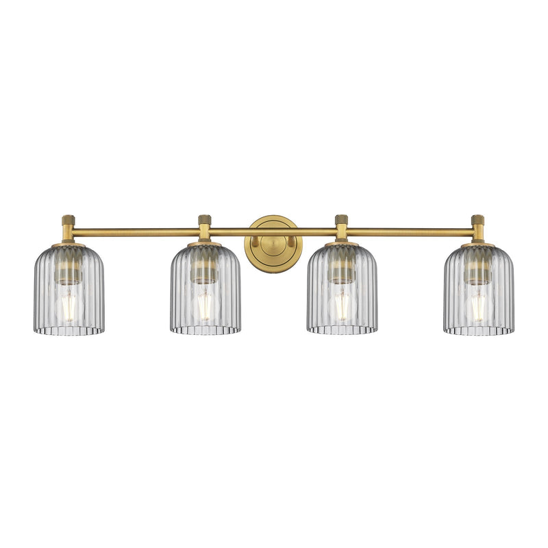 Innovations Crown Point 35in 4-Light Bath Vanity | Industrial Brushed Brass and Light Smoke Glass | Bathroom & Powder Room | Model 434-4W-BB-G559-5SM