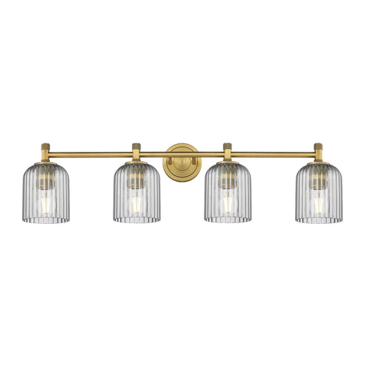 Innovations Crown Point 35in 4-Light Bath Vanity | Industrial Brushed Brass and Light Smoke Glass | Bathroom & Powder Room | Model 434-4W-BB-G559-5SM