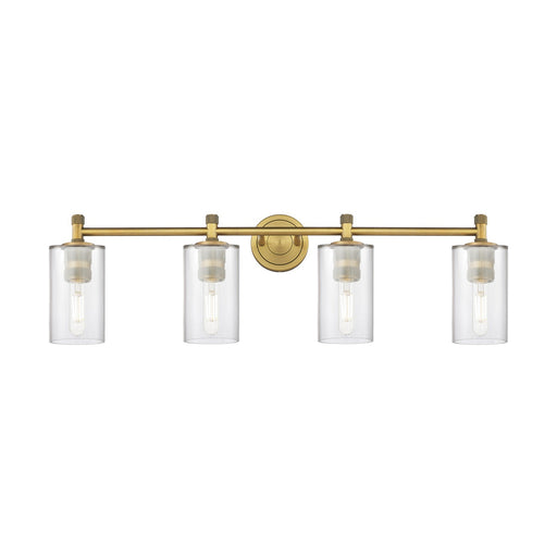 Innovations Clymer 34.38in 4-Light Bath Vanity Light | Industrial Brushed Brass and Clear Glass | Bathroom Vanity | Model 434-4W-BB-G802