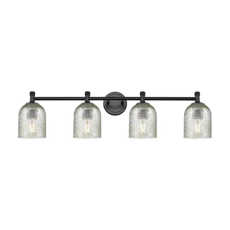 Innovations Caledonia 35.5in 4-Light Bath Vanity Light | Industrial Matte Black and Mica Glass | Bathroom & Powder Room | Model 434-4W-BK-G259