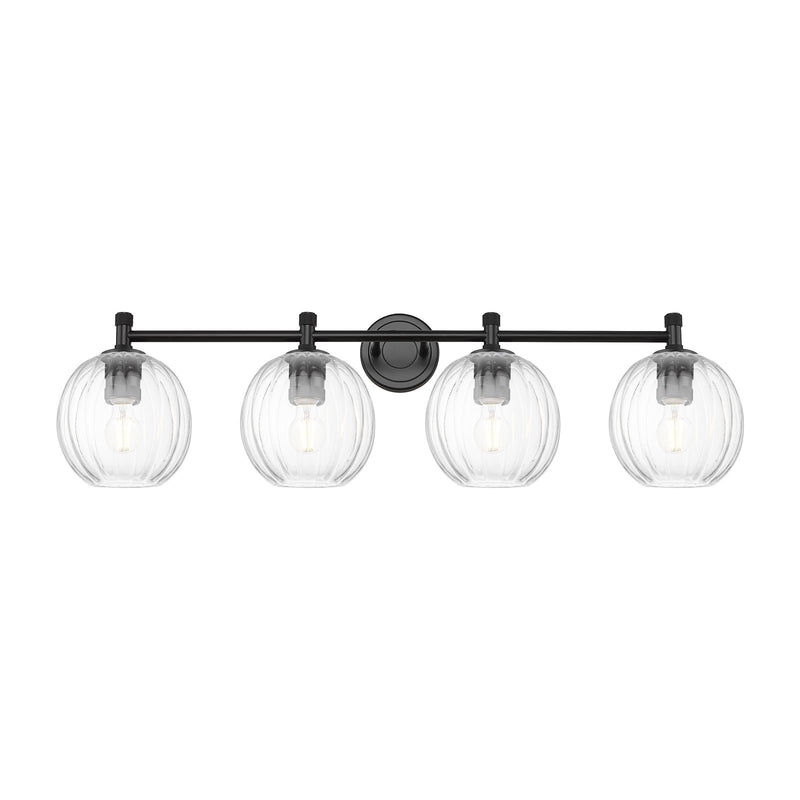 Innovations Preston Globe 38in 4-Light Bath Vanity | Industrial Matte Black and Clear Glass | Bathroom Vanity | Model 434-4W-BK-G458-7CL