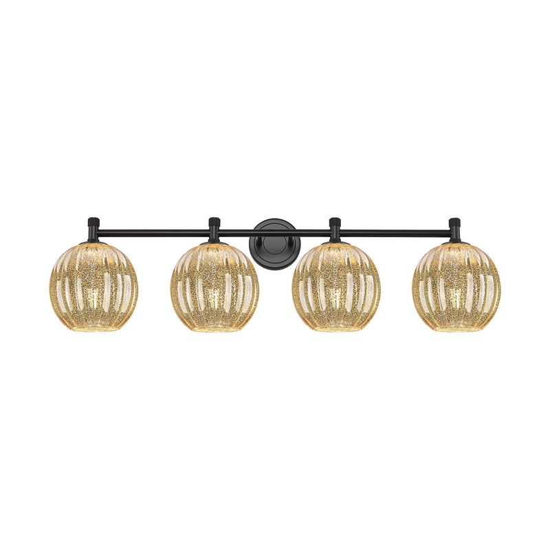 Innovations Preston Globe 38in 4-Light Bath Vanity | Industrial Matte Black and Mercury Glass | Bathroom Vanity | Model 434-4W-BK-G458-7ME