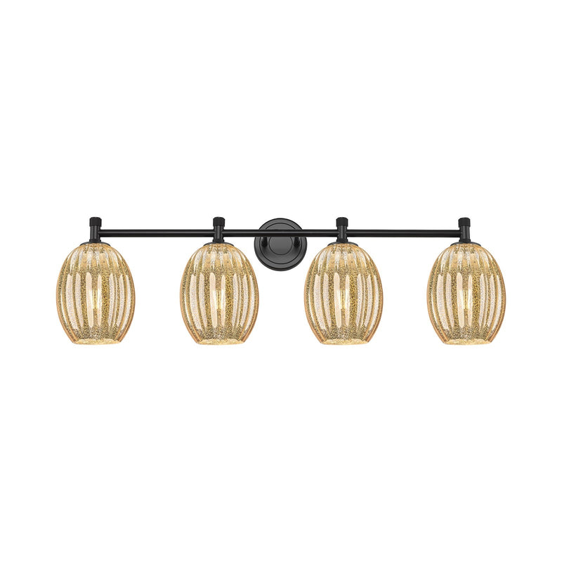 Innovations Preston Bulb 37in 4-Light Bath Vanity | Industrial Matte Black and Mercury Glass | Bathroom Vanity | Model 434-4W-BK-G459-6ME