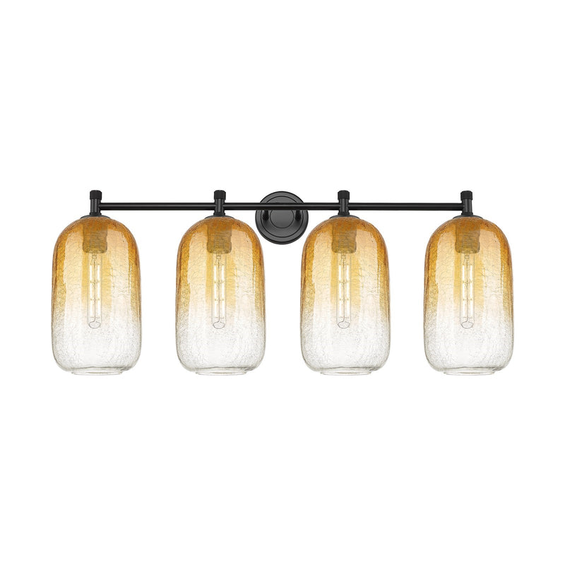Innovations Brookhaven Cloche 37in 4-Light Bath Vanity | Industrial Matte Black and Amber Glass | Bathroom & Powder Room | Model 434-4W-BK-G482-7AM