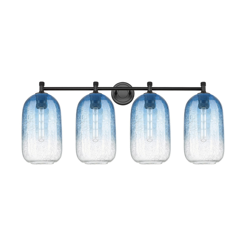 Innovations Brookhaven Cloche 37in 4-Light Bath Vanity | Industrial Matte Black and Sapphire Blue Glass | Bathroom | Model 434-4W-BK-G482-7SB