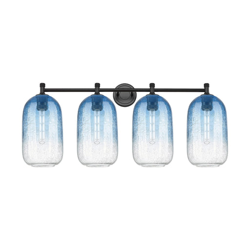 Innovations Brookhaven Cloche 37in 4-Light Bath Vanity | Industrial Matte Black and Sapphire Blue Glass | Bathroom | Model 434-4W-BK-G482-7SB