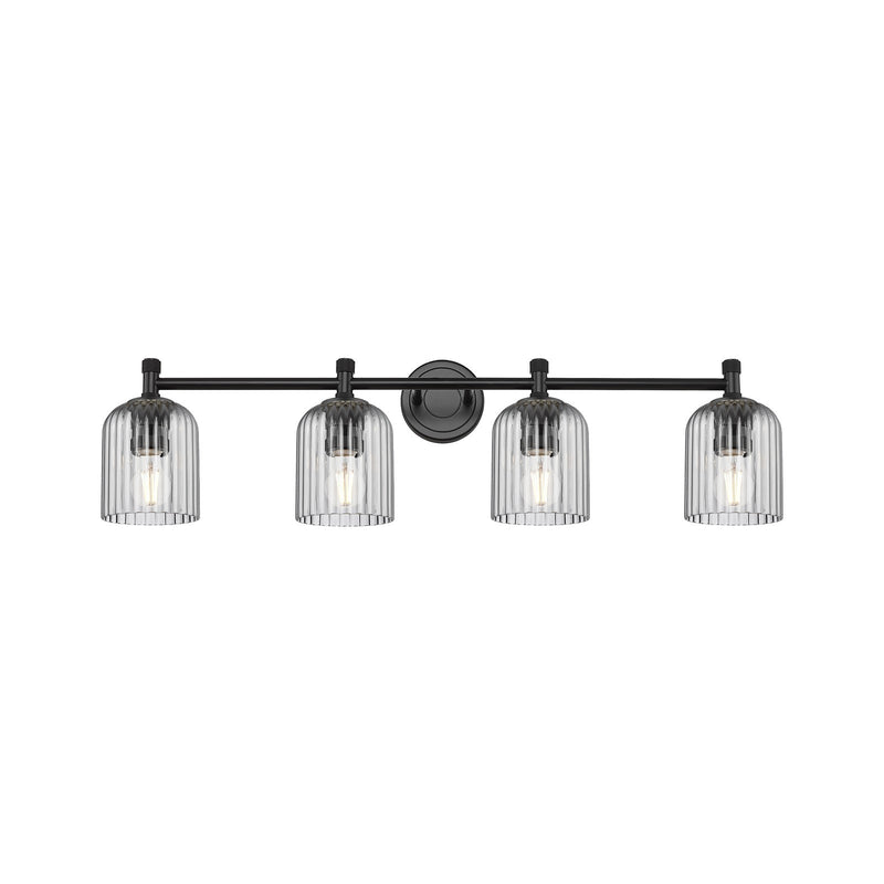 Innovations Crown Point 35.5in 4-Light Bath Vanity | Industrial Matte Black and Light Smoke Glass | Bathroom Vanity Light | Model 434-4W-BK-G559-5SM
