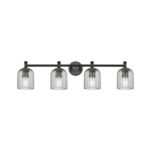 Innovations Crown Point 35.5in 4-Light Bath Vanity | Industrial Matte Black and Light Smoke Glass | Bathroom Vanity Light | Model 434-4W-BK-G559-5SM