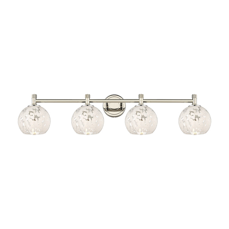 Innovations White Mouchette 36in 4-Light Bath Vanity | Industrial Polished Nickel and White Glass | Bathroom & Powder | Model 434-4W-PN-G1216-6WM