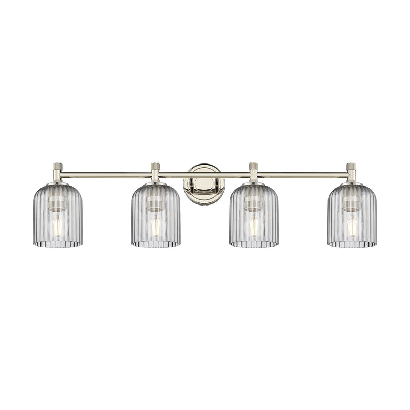 Innovations Crown Point 35in 4-Light Bath Vanity Light | Industrial Polished Nickel and Light Smoke Glass | Bathroom | Model 434-4W-PN-G559-5SM