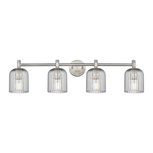 Innovations Crown Point 35.5in 4-Light Bath Vanity | Industrial Satin Nickel and Light Smoke Glass | Bathroom & Powder | Model 434-4W-SN-G559-5SM