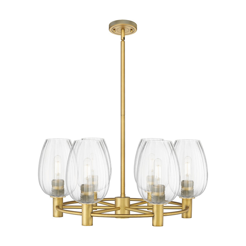 Innovations Preston Flute 26in 6-Light Chandelier | Industrial Brushed Brass and Clear Glass | Kitchen Island & Dining | Model 434-6CR-BB-G457-6CL
