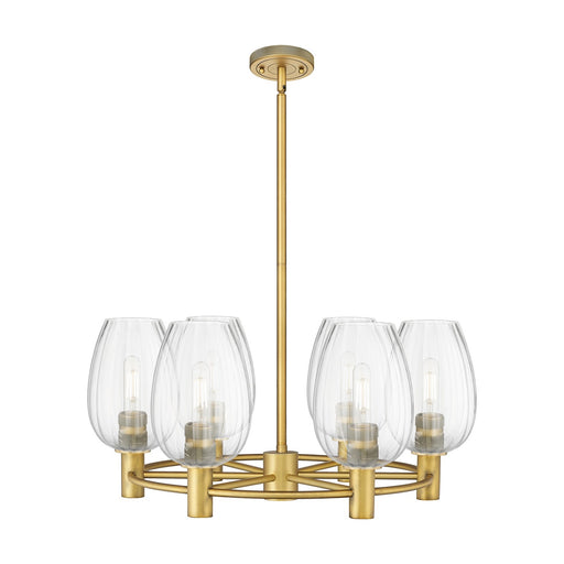 Innovations Preston Flute 26in 6-Light Chandelier | Industrial Brushed Brass and Clear Glass | Kitchen Island & Dining | Model 434-6CR-BB-G457-6CL