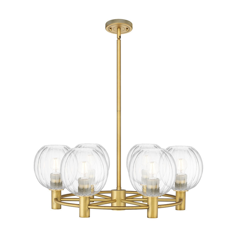 Innovations Preston Globe 27in 6-Light Chandelier | Industrial Brushed Brass and Clear Glass | Kitchen Island & Dining | Model 434-6CR-BB-G458-7CL