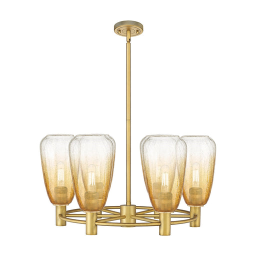 Innovations Brookhaven Almond 26in 6-Light Chandelier | Industrial Brushed Brass and Amber Glass | Dining Room & Kitchen | Model 434-6CR-BB-G480-6AM