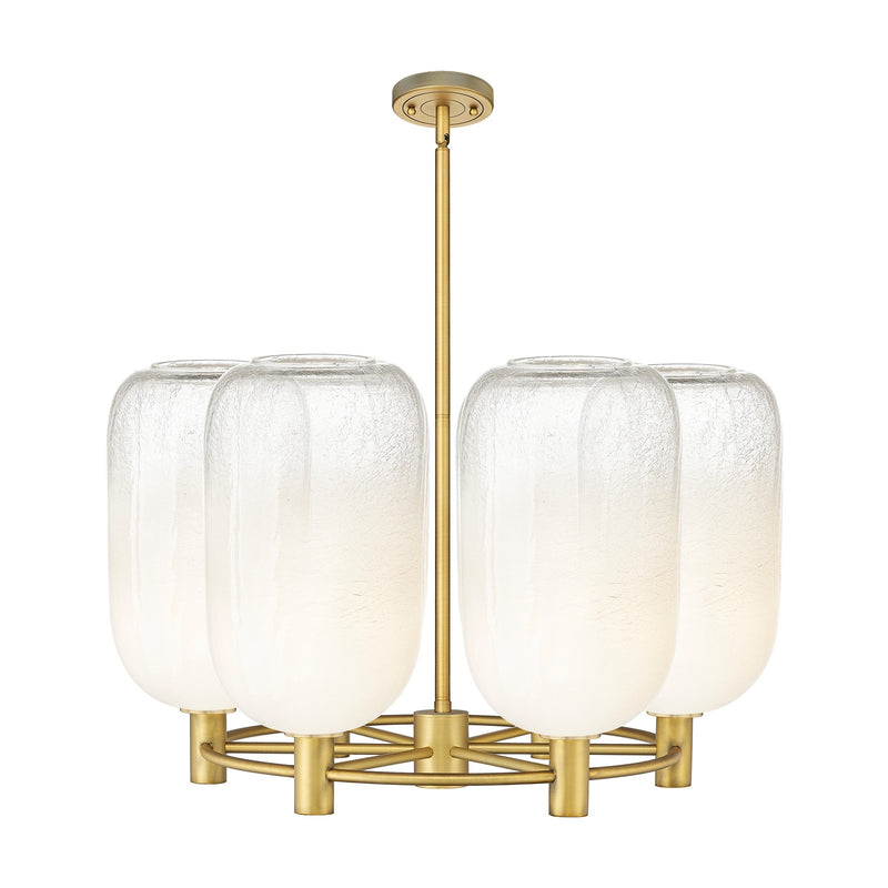 Innovations Brookhaven Cloche 27in 6-Light Chandelier | Industrial Brushed Brass and Opal Glass | Dining Room & Kitchen | Model 434-6CR-BB-G482-7OP