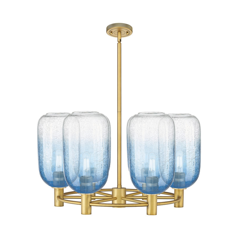 Innovations Brookhaven Cloche 27in 6-Light Chandelier | Industrial Brushed Brass and Sapphire Blue Glass | Kitchen Island | Model 434-6CR-BB-G482-7SB
