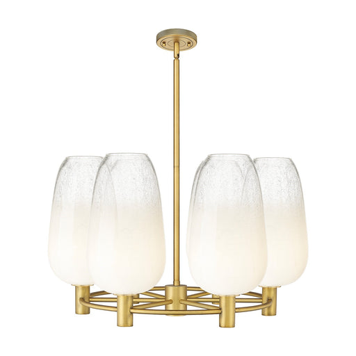 Innovations Brookhaven Flute 27in 6-Light Chandelier | Industrial Brushed Brass and Opal Glass | Kitchen Island & Dining | Model 434-6CR-BB-G484-7OP