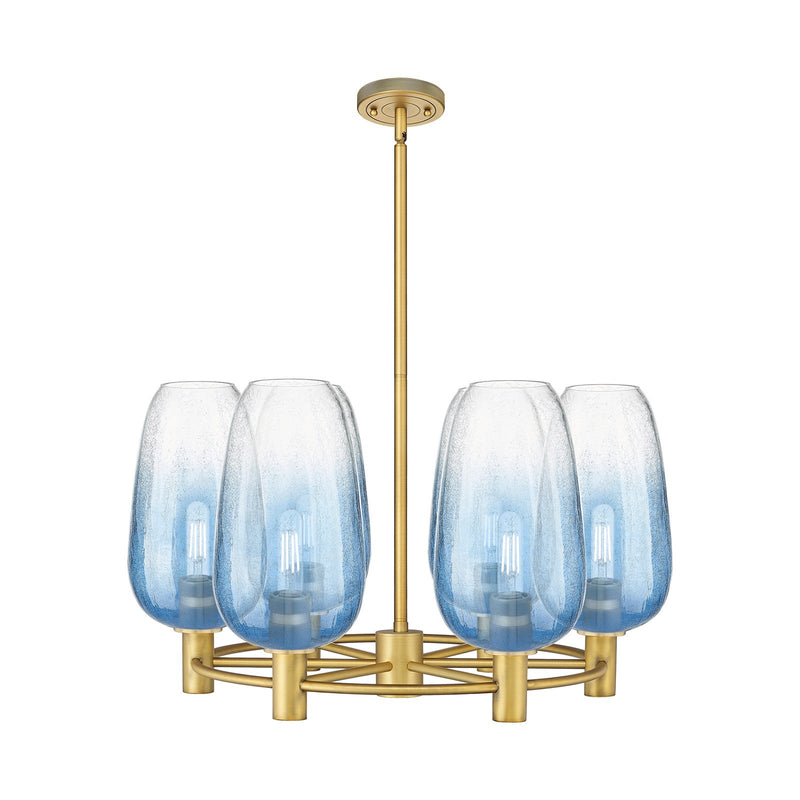 Innovations Brookhaven Flute 27in 6-Light Chandelier | Industrial Brushed Brass and Sapphire Blue Glass | Kitchen Island | Model 434-6CR-BB-G484-7SB