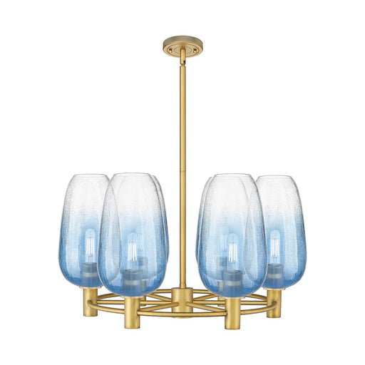 Innovations Brookhaven Flute 27in 6-Light Chandelier | Industrial Brushed Brass and Sapphire Blue Glass | Kitchen Island | Model 434-6CR-BB-G484-7SB
