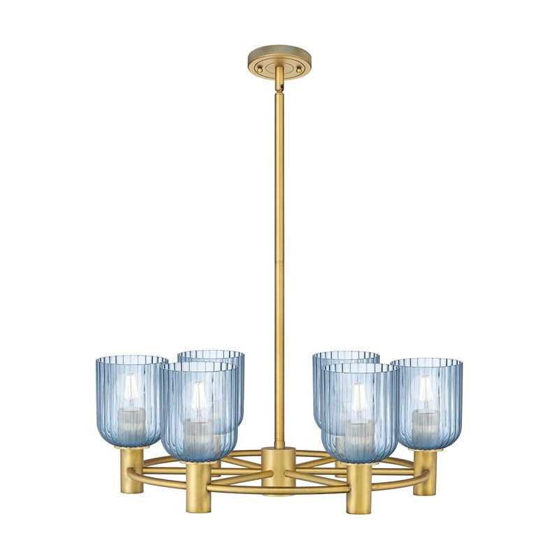 Innovations Crown Point 25in 6-Light Chandelier | Industrial Brushed Brass and Princess Blue Glass | Kitchen Island | Model 434-6CR-BB-G559-5BL