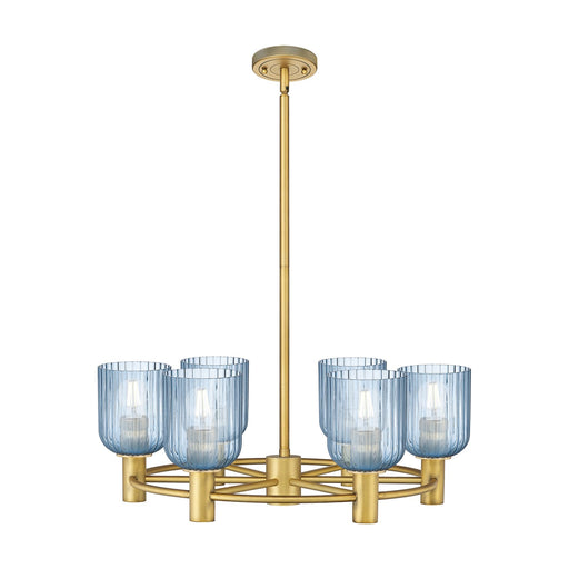 Innovations Crown Point 25in 6-Light Chandelier | Industrial Brushed Brass and Princess Blue Glass | Kitchen Island | Model 434-6CR-BB-G559-5BL