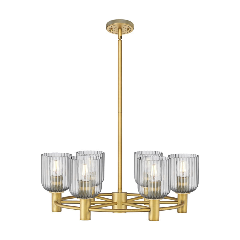 Innovations Crown Point 25in 6-Light Chandelier | Industrial Brushed Brass and Light Smoke Glass | Kitchen Island | Model 434-6CR-BB-G559-5SM