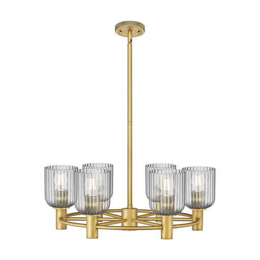 Innovations Crown Point 25in 6-Light Chandelier | Industrial Brushed Brass and Light Smoke Glass | Kitchen Island | Model 434-6CR-BB-G559-5SM