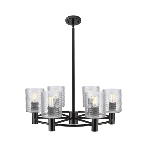 Innovations Cobbleskill 25in 6-Light Chandelier | Industrial Matte Black and Clear Glass | Kitchen Island & Dining Room | Model 434-6CR-BK-G112