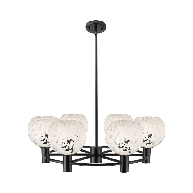Innovations White Mouchette 26in 6-Light Chandelier | Industrial Matte Black and White Mouchette Glass | Kitchen Island | Model 434-6CR-BK-G1216-6WM
