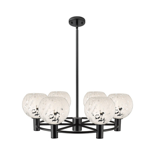 Innovations White Mouchette 26in 6-Light Chandelier | Industrial Matte Black and White Mouchette Glass | Kitchen Island | Model 434-6CR-BK-G1216-6WM