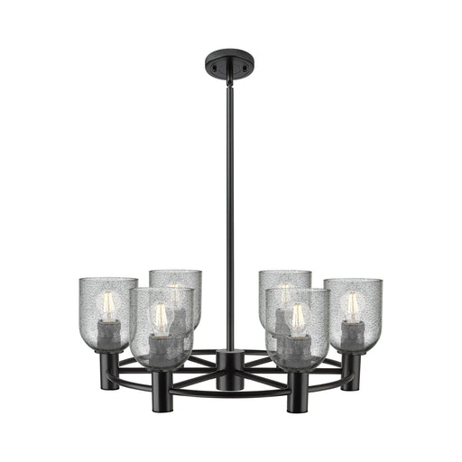 Innovations Caledonia 25in 6-Light Chandelier | Industrial Matte Black and Charcoal Glass | Kitchen Island & Dining Room | Model 434-6CR-BK-G257