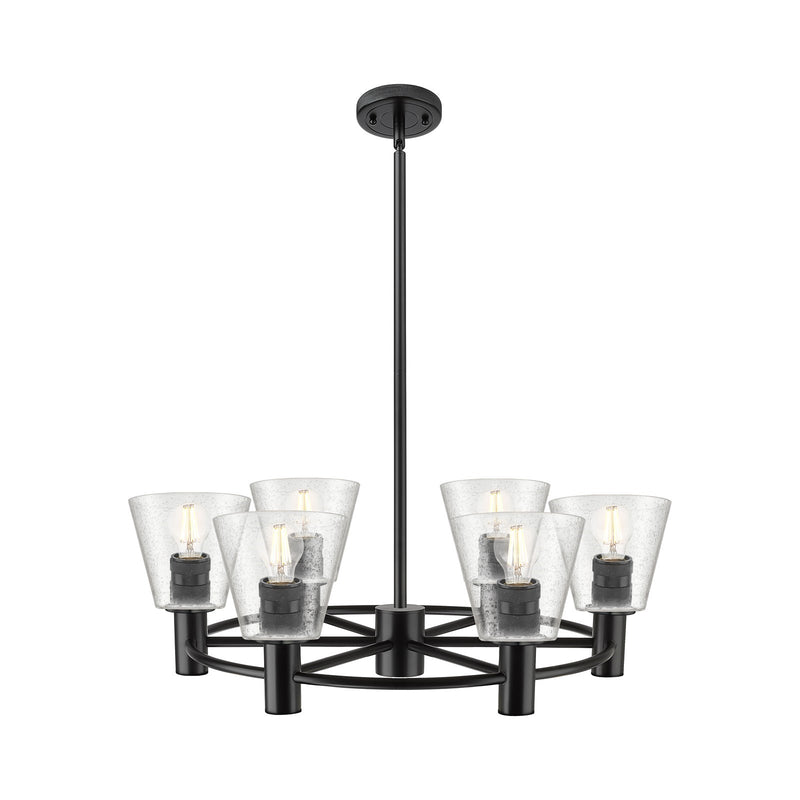 Innovations Caton 26in 6-Light Chandelier | Industrial Matte Black and Frosted Glass | Kitchen Island & Dining Room | Model 434-6CR-BK-G454