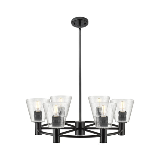 Innovations Caton 26in 6-Light Chandelier | Industrial Matte Black and Frosted Glass | Kitchen Island & Dining Room | Model 434-6CR-BK-G454